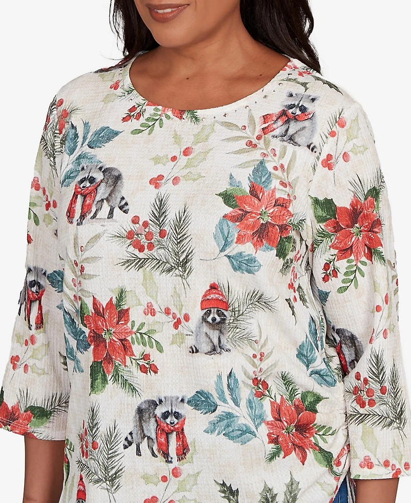 Alfred Dunner Petite Classic Holiday Poinsettias Top