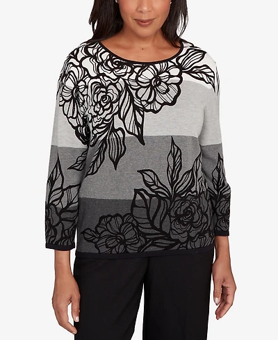 Alfred Dunner Petite Ombre Floral Stripe Sweater