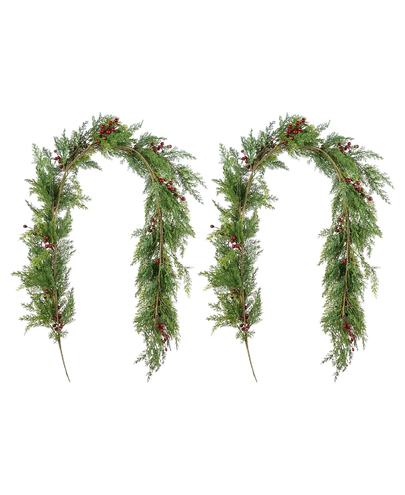 Glitzhome 6 ft Polyethylene Christmas Dripping Cedar Garlands with Berries, Set of 2