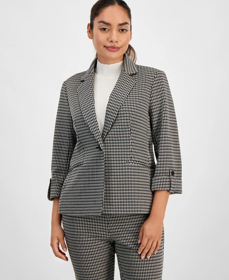 Ak Anne Klein Petite Houndstooth-Print Roll-Tab Blazer