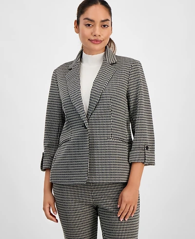 Ak Anne Klein Petite Houndstooth-Print Roll-Tab Blazer