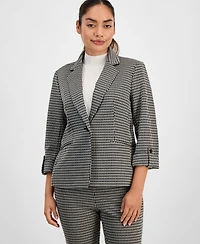 Ak Anne Klein Petite Houndstooth-Print Roll-Tab Blazer