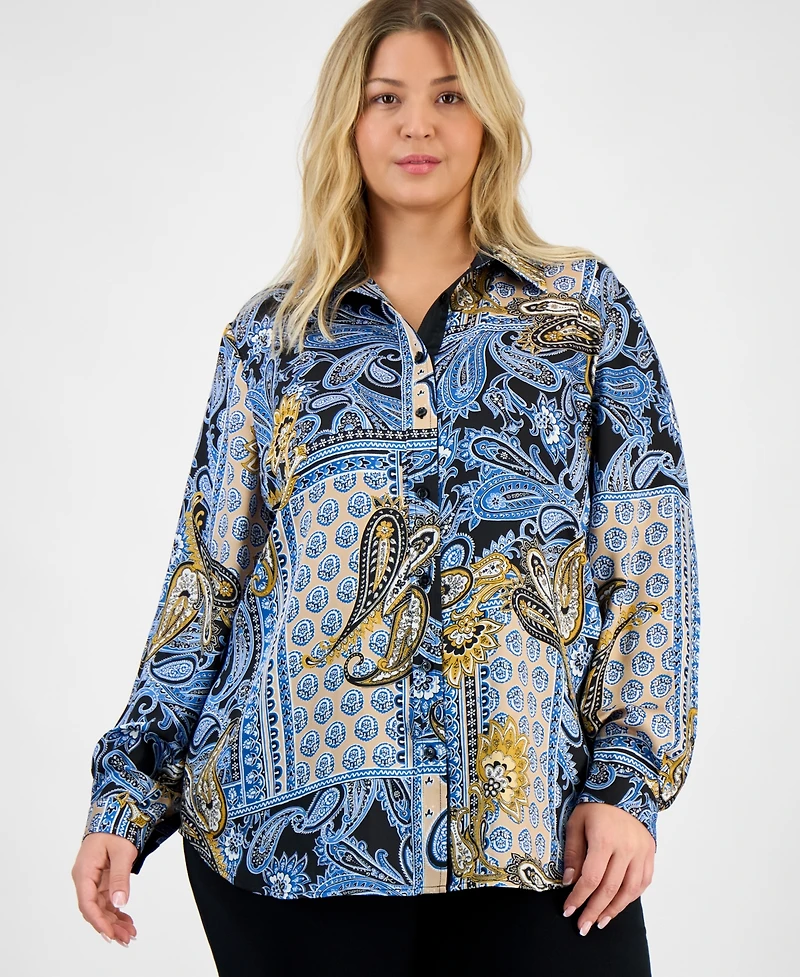Jones New York Plus Paisley Button-Front Blouse