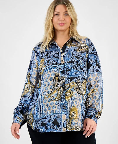 Jones New York Plus Paisley Button-Front Blouse