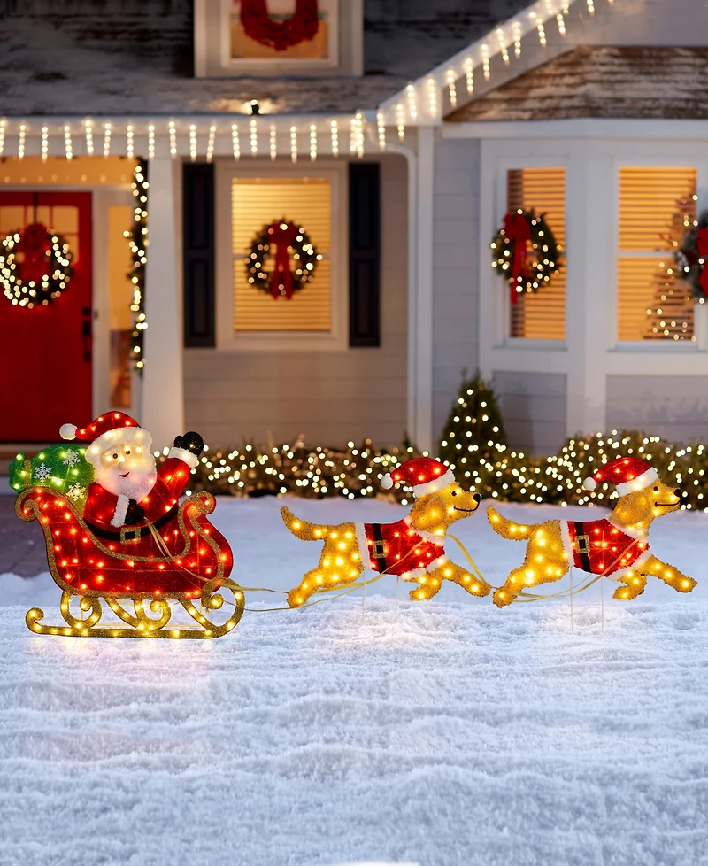 Glitzhome 90.5" Fabric Christmas 2D Dog with Santa Sleigh Lighted Outdoor Decor