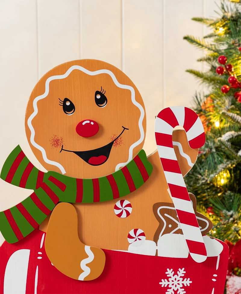 Glitzhome 34.5" Wooden Christmas Gingerbread Man on Coffee Cup Porch Decor