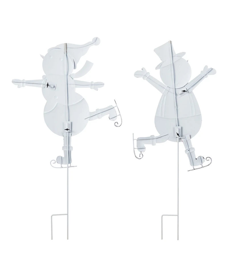 Glitzhome Metal Christmas Skiing Snowmen Yard Stakes, Set of 2