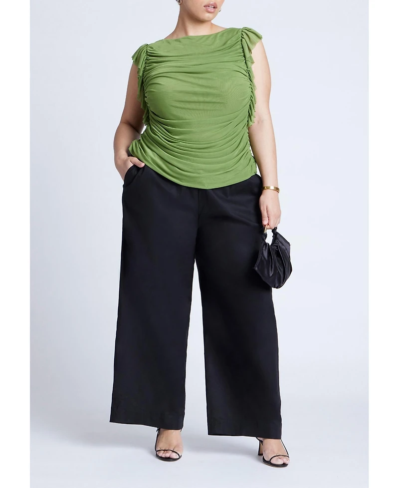 Eloquii Women's Plus Shirred Mesh Top With Shoulder Flounces