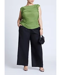 Eloquii Women's Plus Shirred Mesh Top With Shoulder Flounces