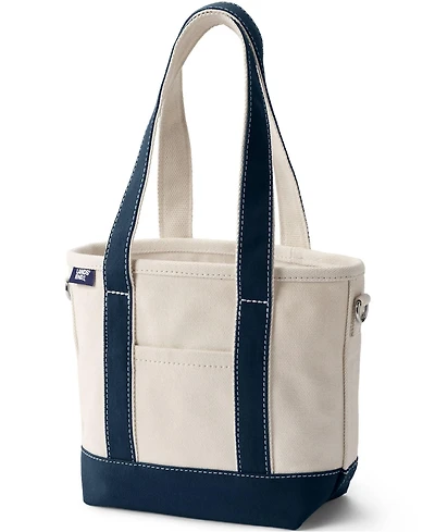 Lands' End Small Natural 3 Pocket Open Top Long Handle Canvas Tote Bag