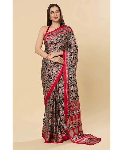 One Minute Saree Women's Zoya Ajrakh Red Ready to Wear Satin Printed One Minute Saree