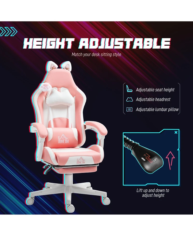 Homcom Cute Gaming Chair, Reclining Gamer Chair with Footrest,