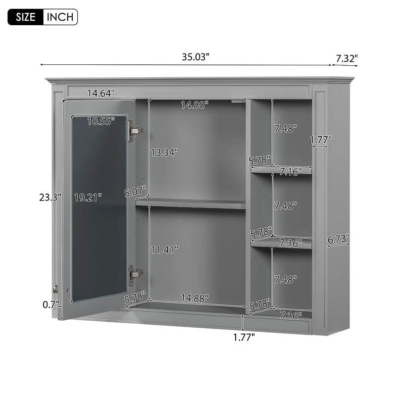 Casainc 35" x 27.5" Bathroom Mirror Cabinet with 6 Open Shelves, Wall Mounted Medicine (No Vanity)