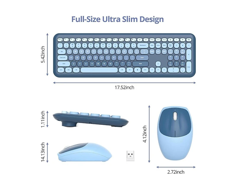risokeys Cute Colorful Keyboard and Mouse Wireless Silent, Full-Size Retro Typewriter Wireless Quiet Slim Keyboard Low-Noise 2.4GHz for Computer