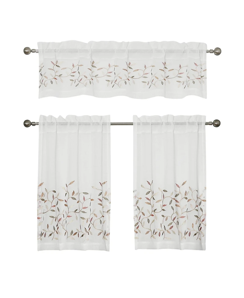 Kate Aurora Shabby Sheer Embroidered Complete 3 Piece Floral Rod Pocket Cafe Kitchen Curtain Tier & Valance Set