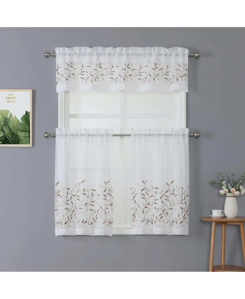 Kate Aurora Shabby Sheer Embroidered Complete 3 Piece Floral Rod Pocket Cafe Kitchen Curtain Tier & Valance Set