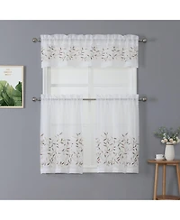 Kate Aurora Shabby Sheer Embroidered Complete 3 Piece Floral Rod Pocket Cafe Kitchen Curtain Tier & Valance Set