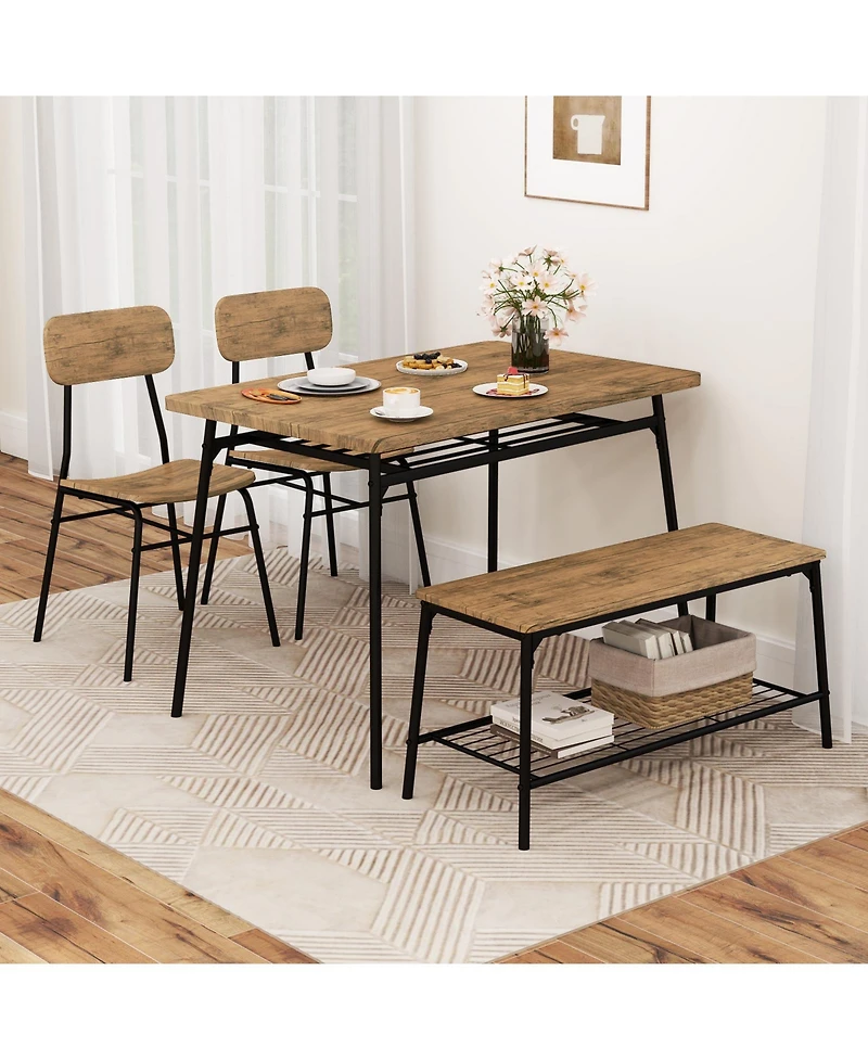 Slickblue Modern 4-Piece Metal Frame Dining Set with Table, Bench, and 2 Chairs – Ideal for Compact Dining Spaces