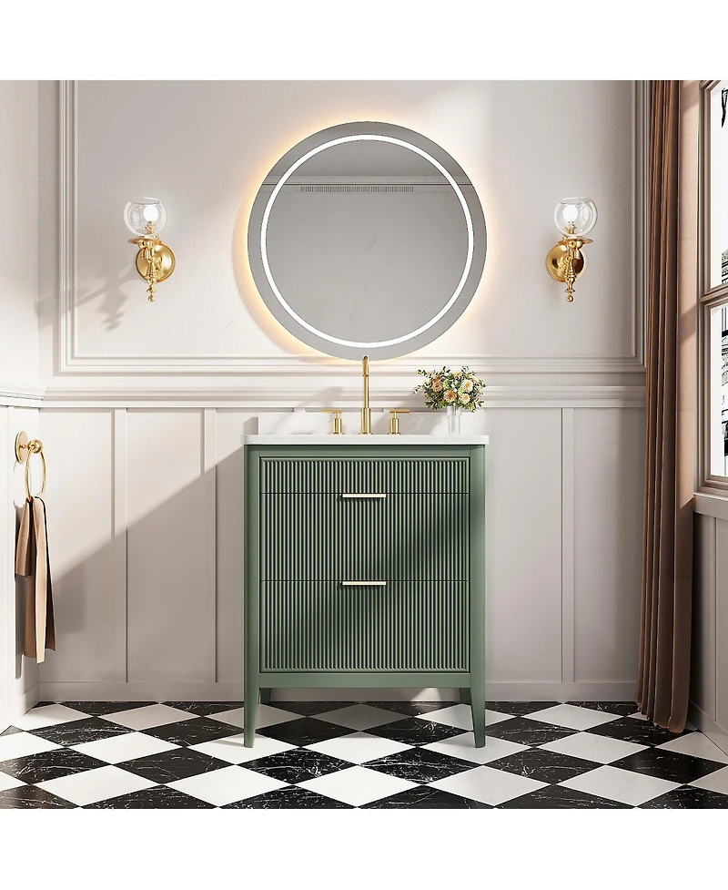 Casainc Fully Assembled 30" Freestanding Single Sink Bathroom Vanity with 2 Handle Sets and Engineered Marble Top