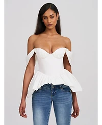 Miss Circle Women Qistina White Off-shoulder Bubble Hem Peplum Cotton Top