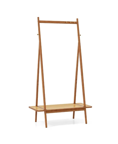 Slickblue Modern Clothes Rack for Entryway with Sturdy Hanging Rod, Decorative Rattan Shelf, and Elegant Copper Hooks