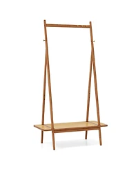 Slickblue Modern Clothes Rack for Entryway with Sturdy Hanging Rod, Decorative Rattan Shelf, and Elegant Copper Hooks