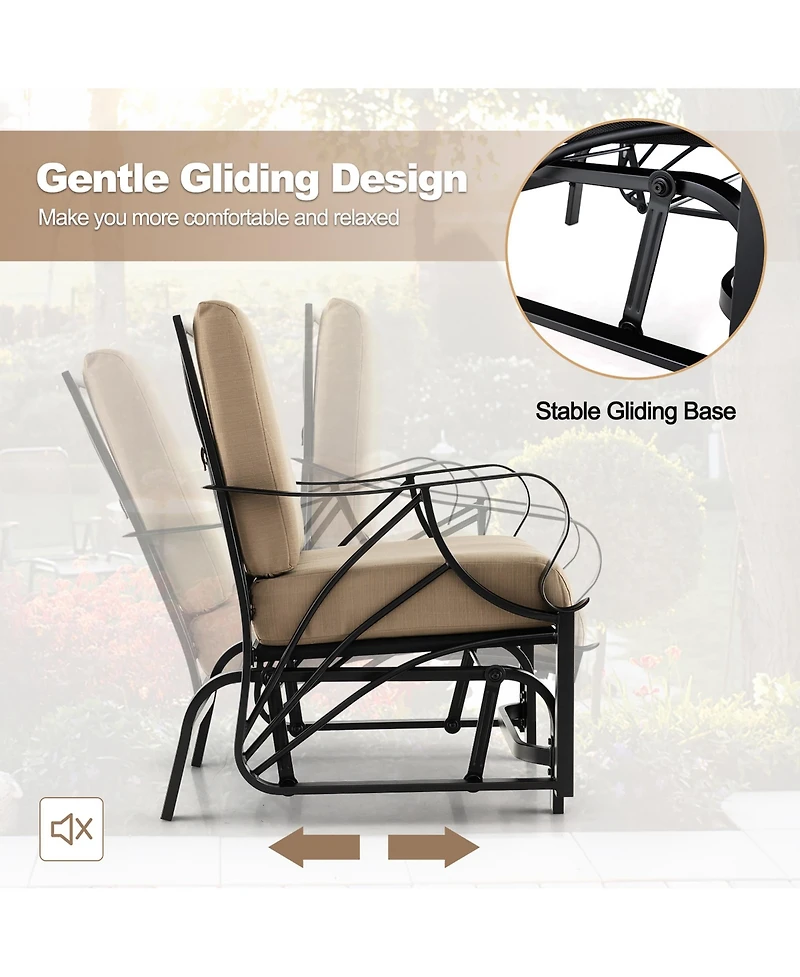 Gymax 2 Pieces Patio Glider Chair Outdoor Metal Glider with Seat and Back Cushions Backyard Poolside