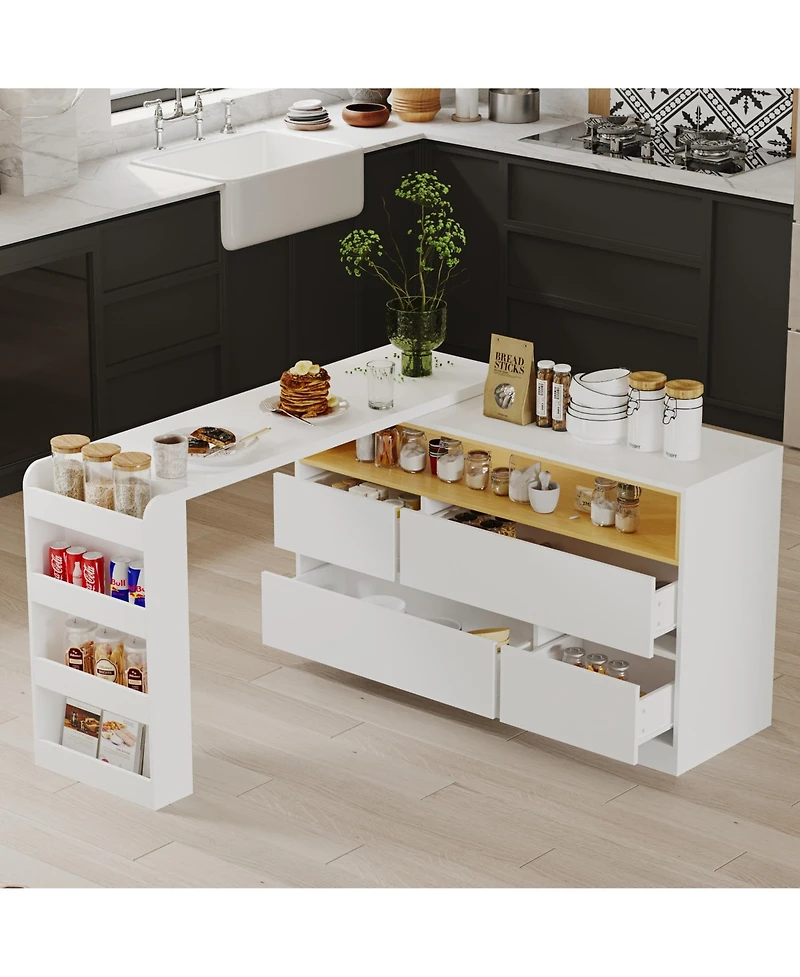 Kitchen island with 4 drawers, movable tabletop, kitchen island storage table with dining table, coffee station and microwave rack for home, dining ro