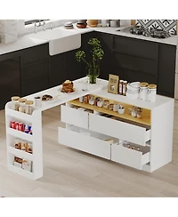 Kitchen island with 4 drawers, movable tabletop, kitchen island storage table with dining table, coffee station and microwave rack for home, dining ro