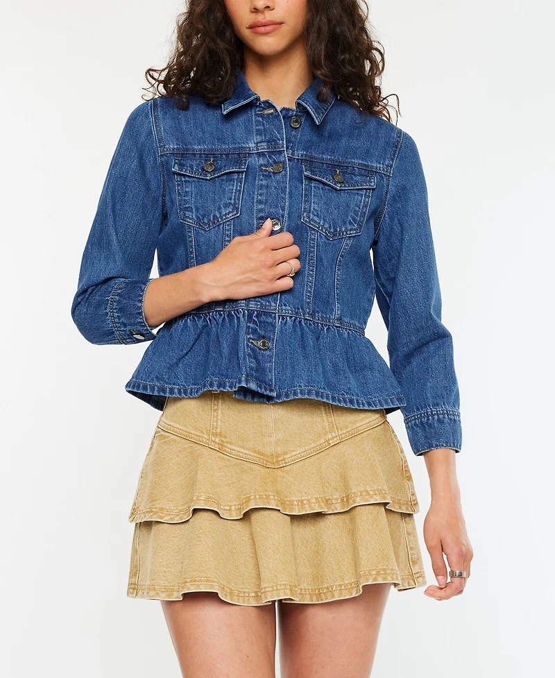 Kancan Women's Classic Fit Peplum Denim Collared Jacket