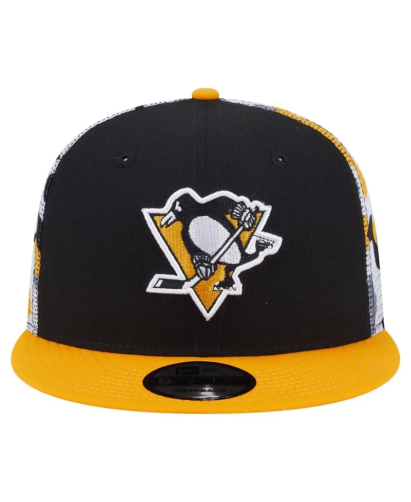 New Era Men's Black/Gold Pittsburgh Penguins Camo Meshback 9FIFTY Snapback Hat