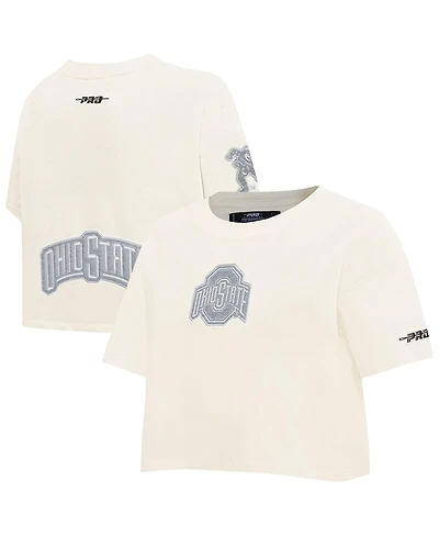 Pro Standard Women's Cream Ohio State Buckeyes Reverse French Terry Boxy Cropped T-Shirt