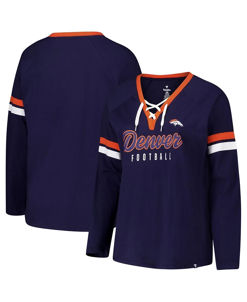 Fanatics Women's Navy Denver Broncos Plus Won Done Lace-Up V-Neck Long Sleeve T-Shirt