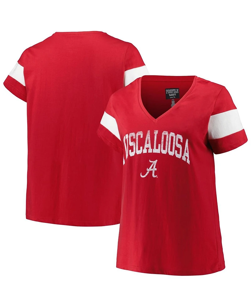 Profile Women's Heather Crimson Alabama Tide Plus Arched City Sleeve Stripe V-Neck T-Shirt