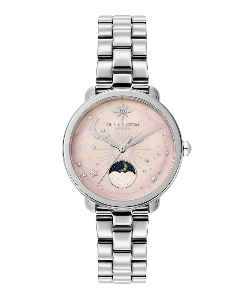 Olivia Burton Women's Moonphase Silver Tone Stainless Steel Bracelet Watch, 34mm