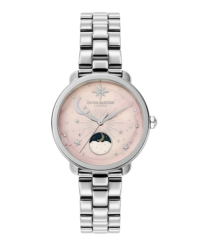 Olivia Burton Women's Moonphase Silver Tone Stainless Steel Bracelet Watch, 34mm