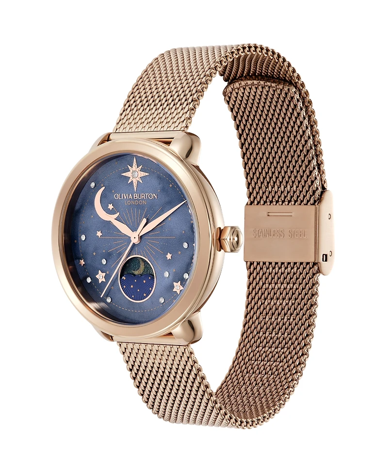Olivia Burton Women's Moonphase Rose Gold Tone Stainless Steel Mesh Bracelet Watch, 34mm