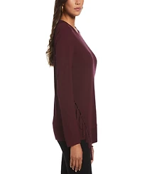 Rafaella Petite Ribbed Asymmetrical Fringe Hem Long Sleeve Top