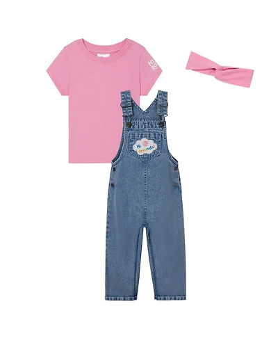 Ms. Rachel Baby Girls Denim Square Neck Vintage Wash Cosplay Overall, T-Shirt and Headband 3 Piece Outfit Set
