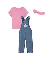 Ms. Rachel Baby Girls Denim Square Neck Vintage Wash Cosplay Overall, T-Shirt and Headband 3 Piece Outfit Set