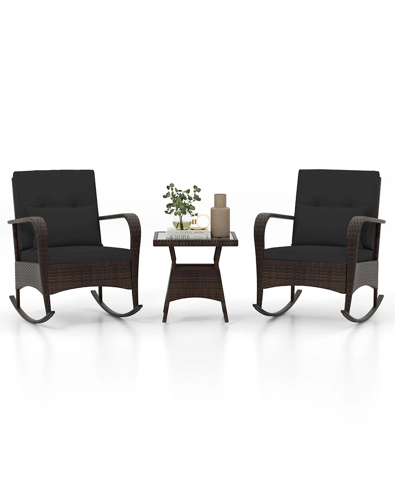 Slickblue 3-Piece Pe Wicker Rocking Chair Patio Set with Tempered Glass Table – Ideal for Poolside, Backyard, or Porch