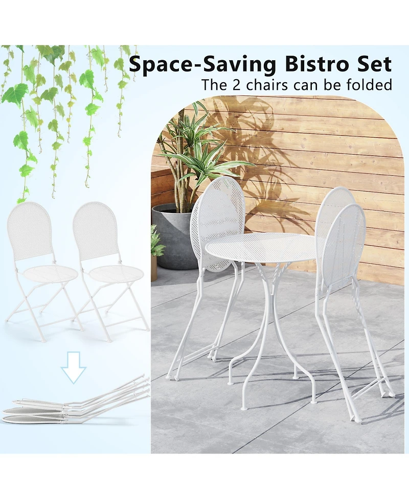 Slickblue Outdoor 3-Piece Folding Bistro Set with Metal Round Table and Chairs – Space-Saving Patio Furniture