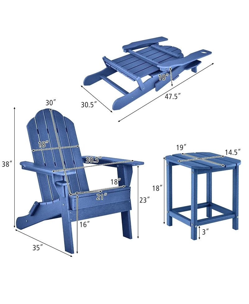 Gymax 3 Pcs Patio Folding Adirondack Chair Side Table Cup Holder Hdpe