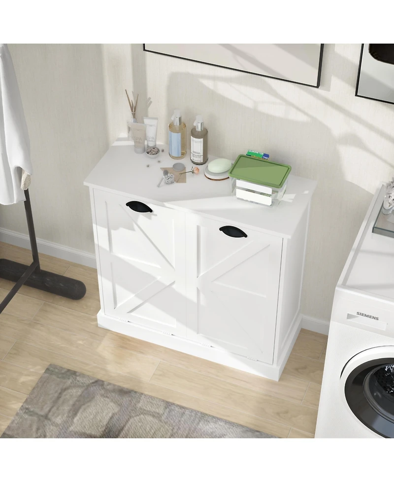 Casainc Tilt-Out Laundry Hamper Cabinet with Two Sorting Compartments and Top Shelf Organizer