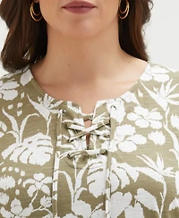 Ella Rafaella Plus Tropical Print Lace-Up Sleeveless Tank Top