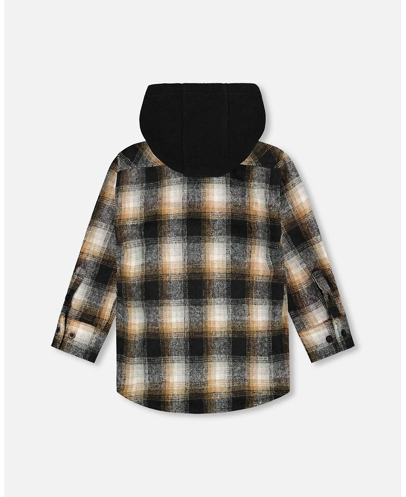 Deux par Boy Hooded Polar Fleece Overshirt with Hood Black and Brown Plaid