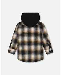 Deux par Boy Hooded Polar Fleece Overshirt with Hood Black and Brown Plaid