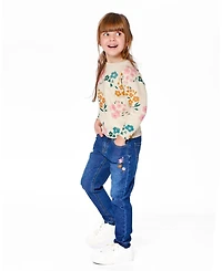 Deux par Toddler Girls Jeans Blue Denim with Frayed Hems and Floral Embroideries - Toddler|Child