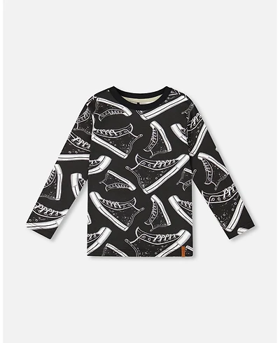 Deux par Little Boys Long Sleeve Cotton Allover Print Tee Black - Toddler|Child