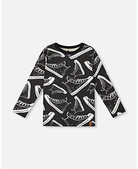 Deux par Little Boys Long Sleeve Cotton Allover Print Tee Black - Toddler|Child